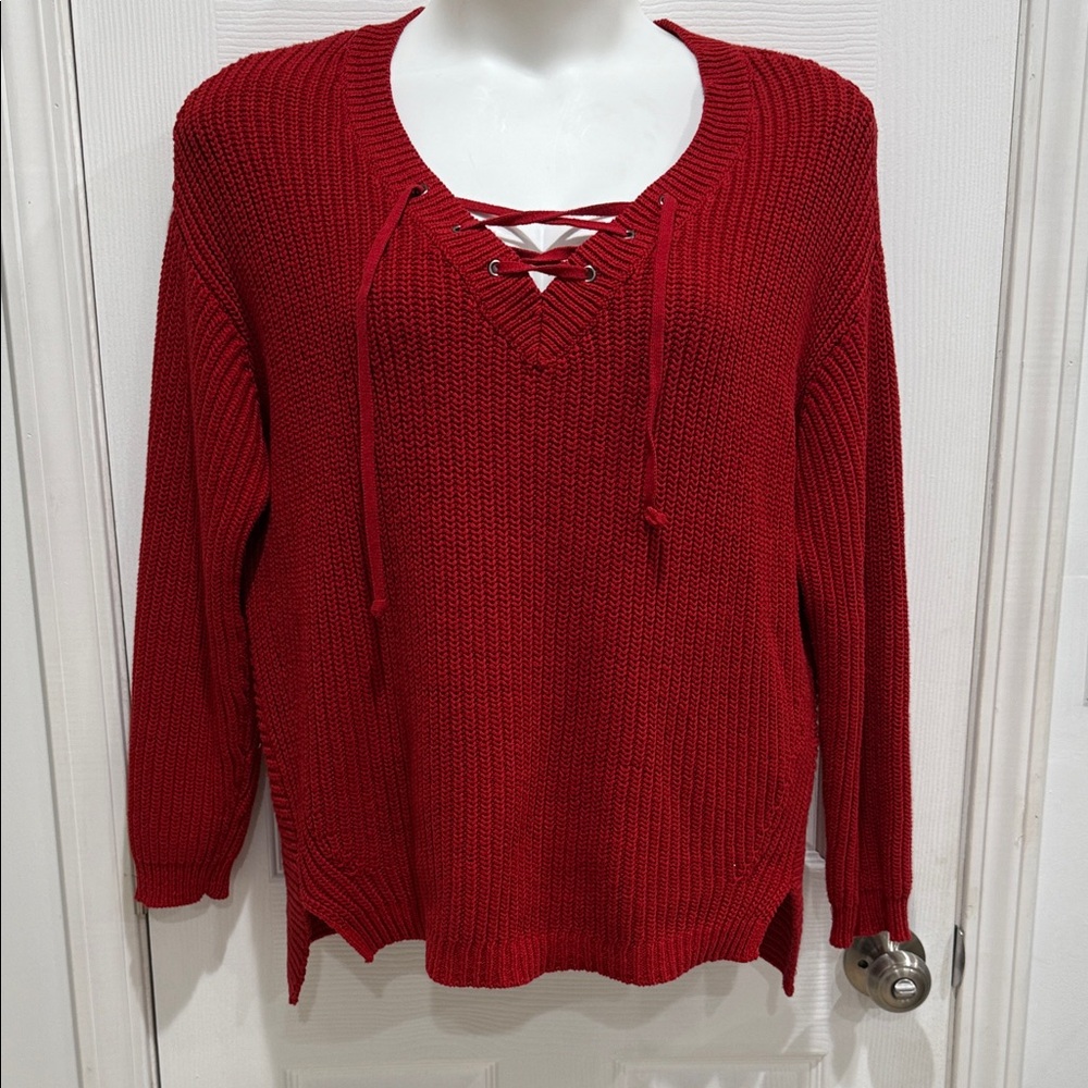 Ruff Hewn V-Neck Lace-Up Red Sweater